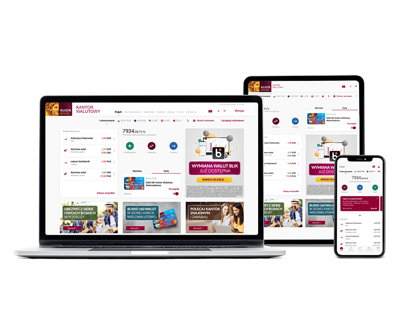Platforma Kantor Walutowy wyświetlona na laptopie, tablecie i smartfonie, dostosowana do różnych rozmiarów ekranów. Widoczny pulpit, z zakładkami, które są dostępne od razu po zalogowaniu. Widoczne również banery reklamowe.