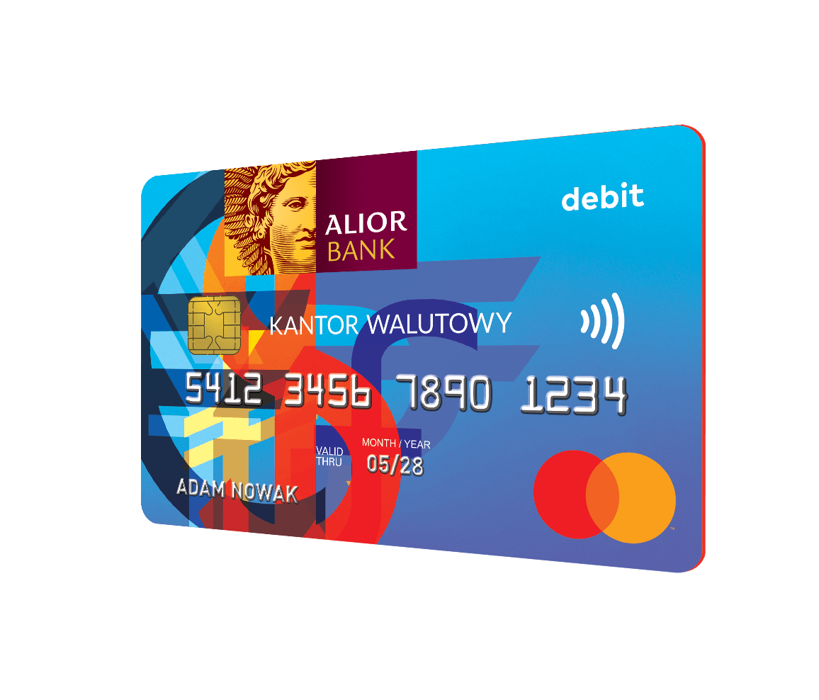 Karta debetowa Alior Banku z napisem KANTOR WALUTOWY. Niebieskie tło z kolorowymi wzorami, chip po lewej stronie, logo Mastercard i symbol płatności zbliżeniowej w prawym dolnym rogu.